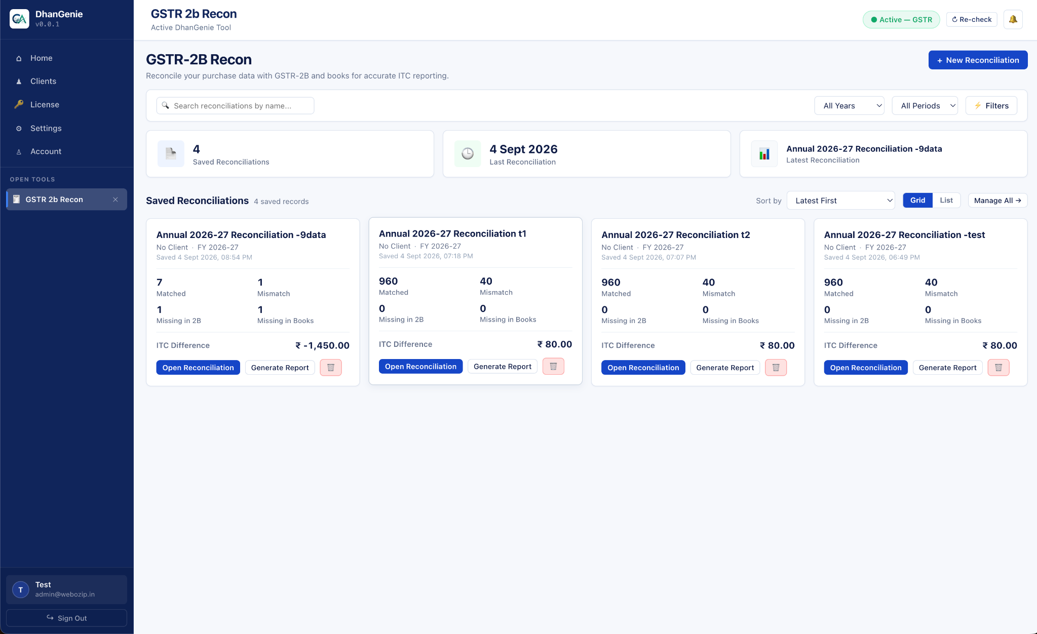 DhanGenie GSTR-2B Reconciliation App Interface